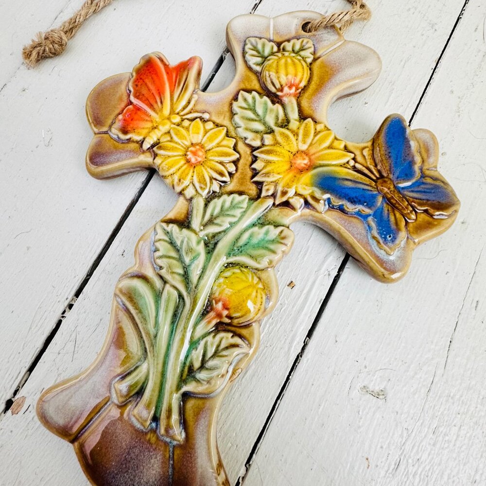 Vintage Ceramic Cross, Butterflies Sunflower Adorned Cross, Retro Wall Cross - Picture 5 of 6